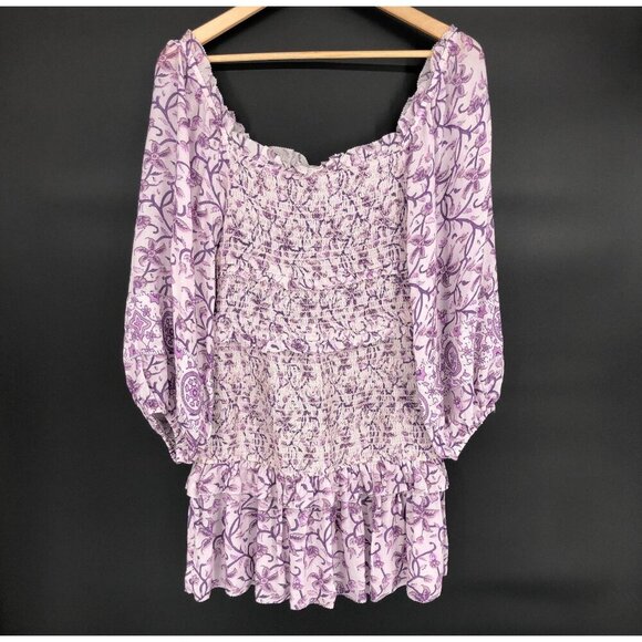 Saylor Women's Smocked Floral Peasant Dress XS Purple & White Boho Chic Brunch - Picture 1 of 8